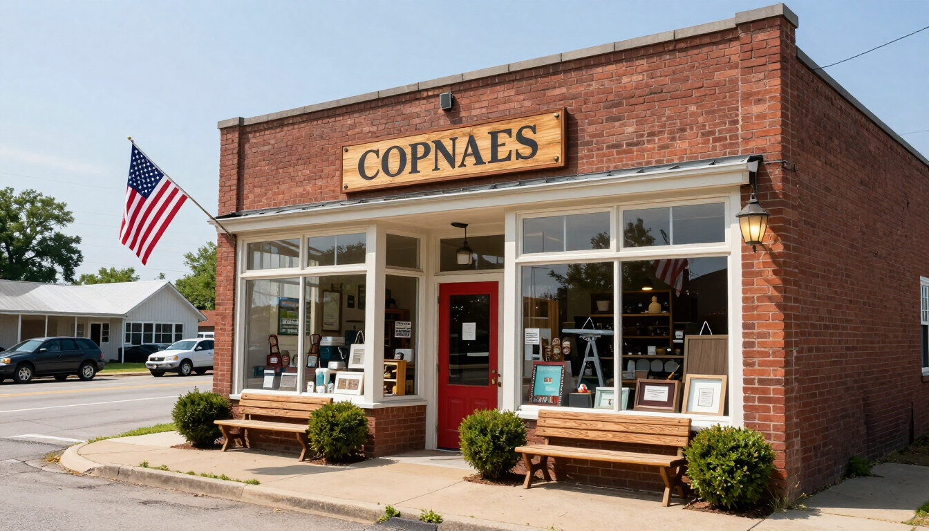 Brick storefront with COPNAES sign, American flag, red door, and benches on the sidewalk