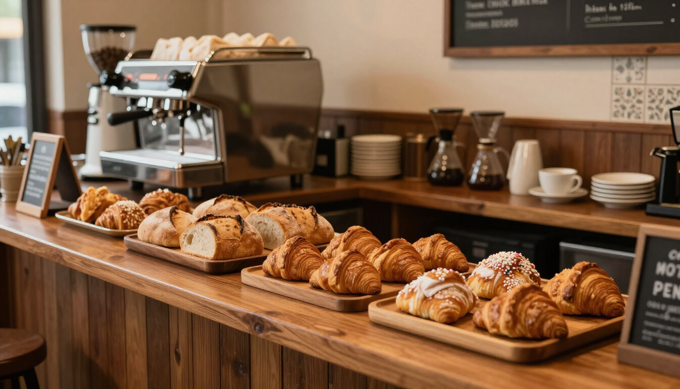 Bakery counter with assorted pastries and loaves on wooden trays beside a coffee machine