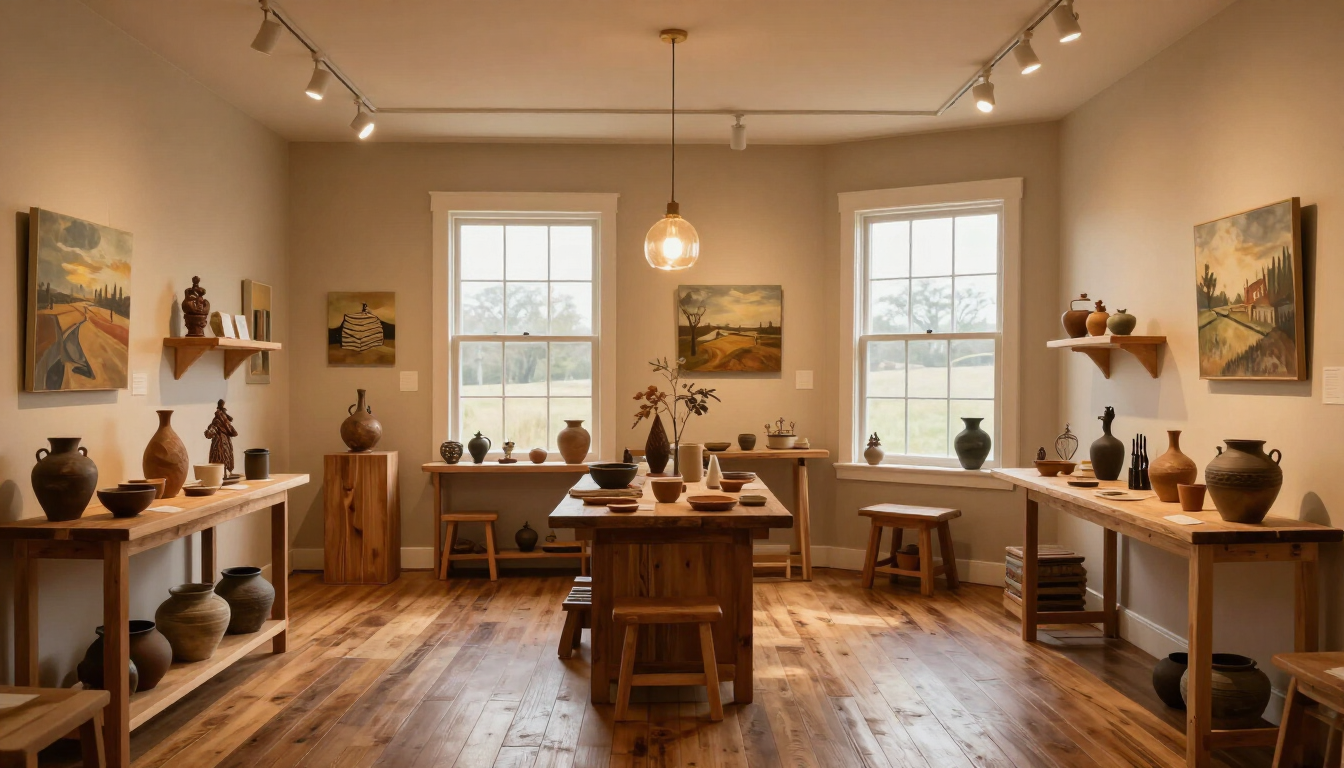 Bright art studio with wooden tables, pottery, paintings, and warm overhead lighting