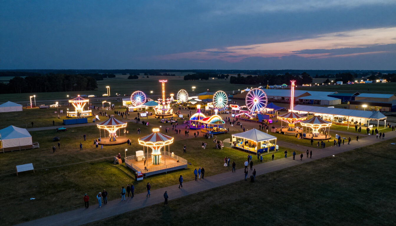 Nighttime fairground with colorful rides, lights, tents, and scattered visitors in an open field