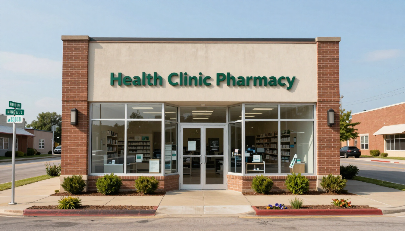 Health Clinic Pharmacy storefront with glass windows and brick exterior
