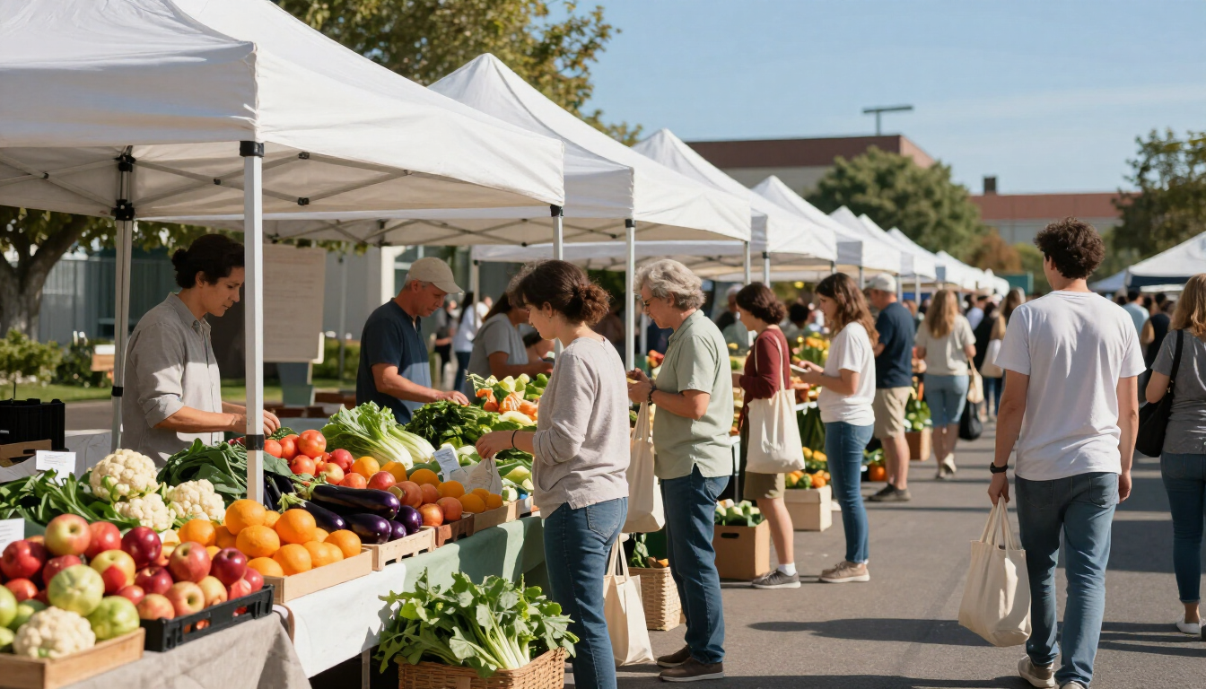 Outdoor farmers market with white tents, shoppers browsing produce, and vendors serving fresh fruits and vegetables.