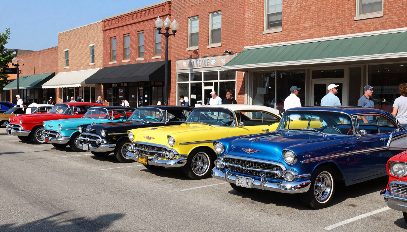 Classic cars parked along a brick storefront on a sunny street, including blue, yellow, and red coupes.