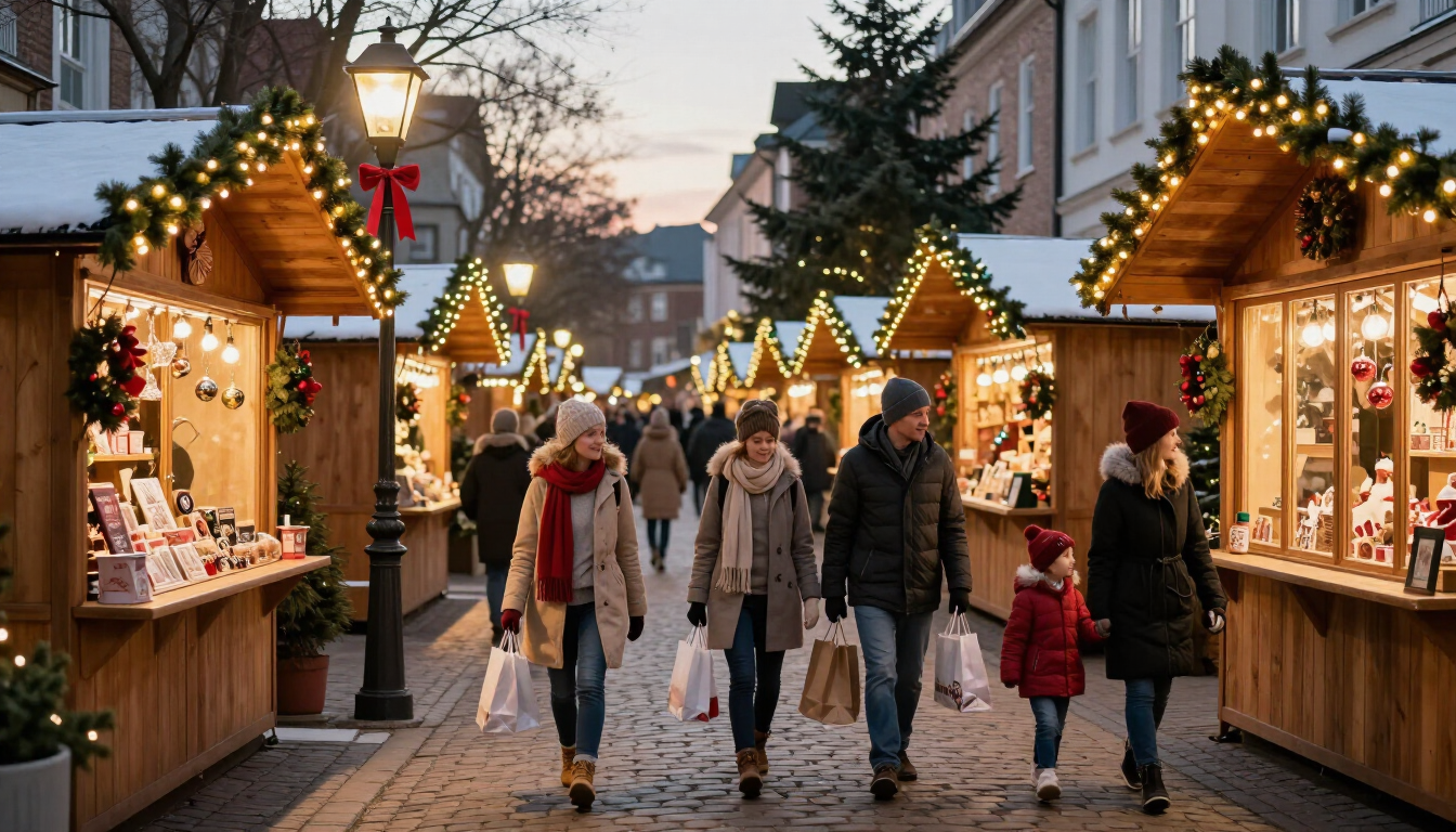 People walking through a festive Christmas market with wooden stalls and warm lights.