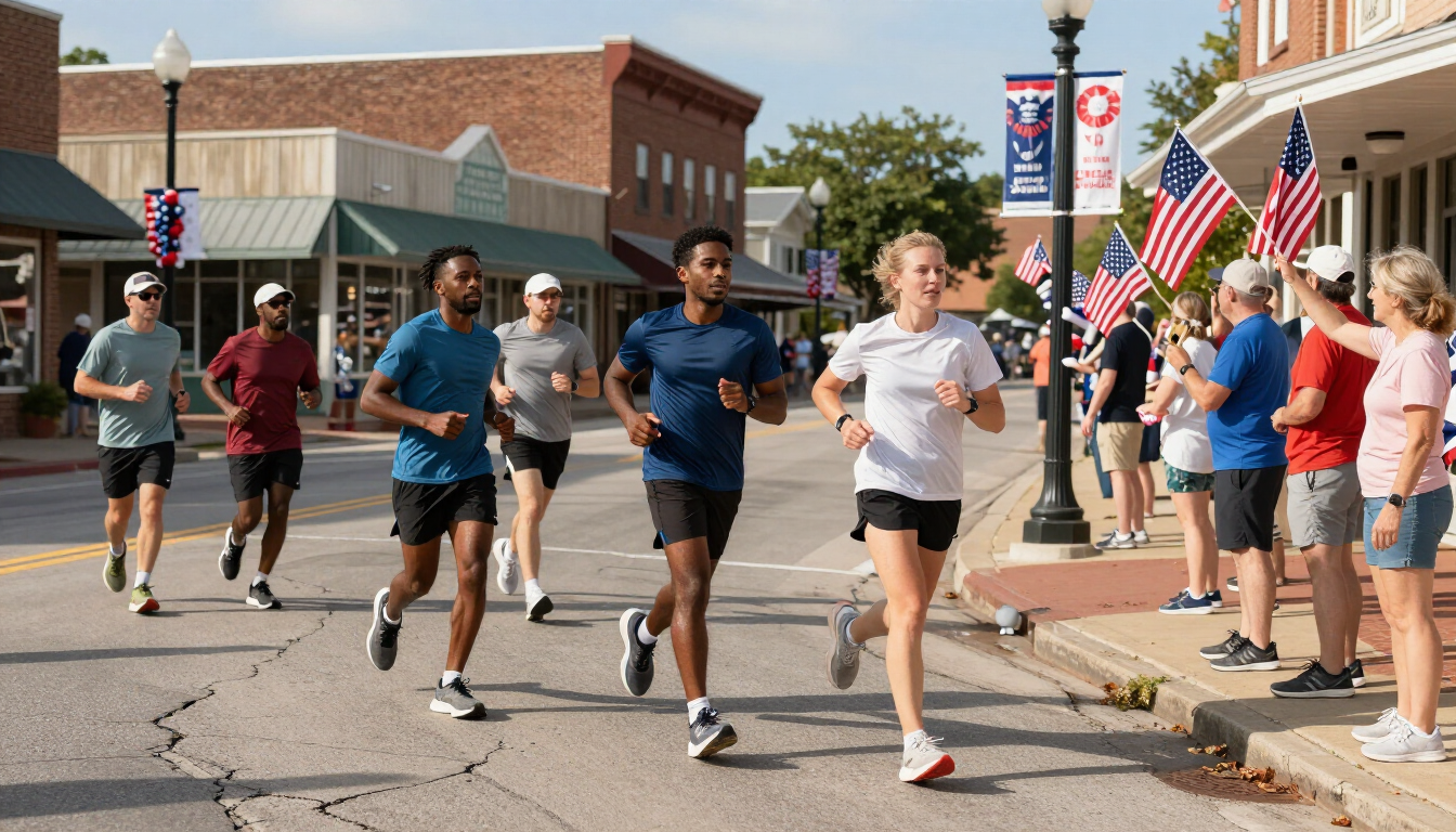 Runners racing down a street past spectators waving American flags on a sunny day