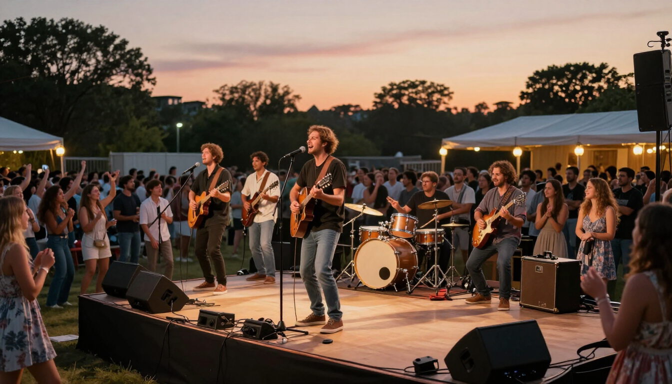 Outdoor live band performing on a small stage at sunset, with a crowd gathered around tents and trees.