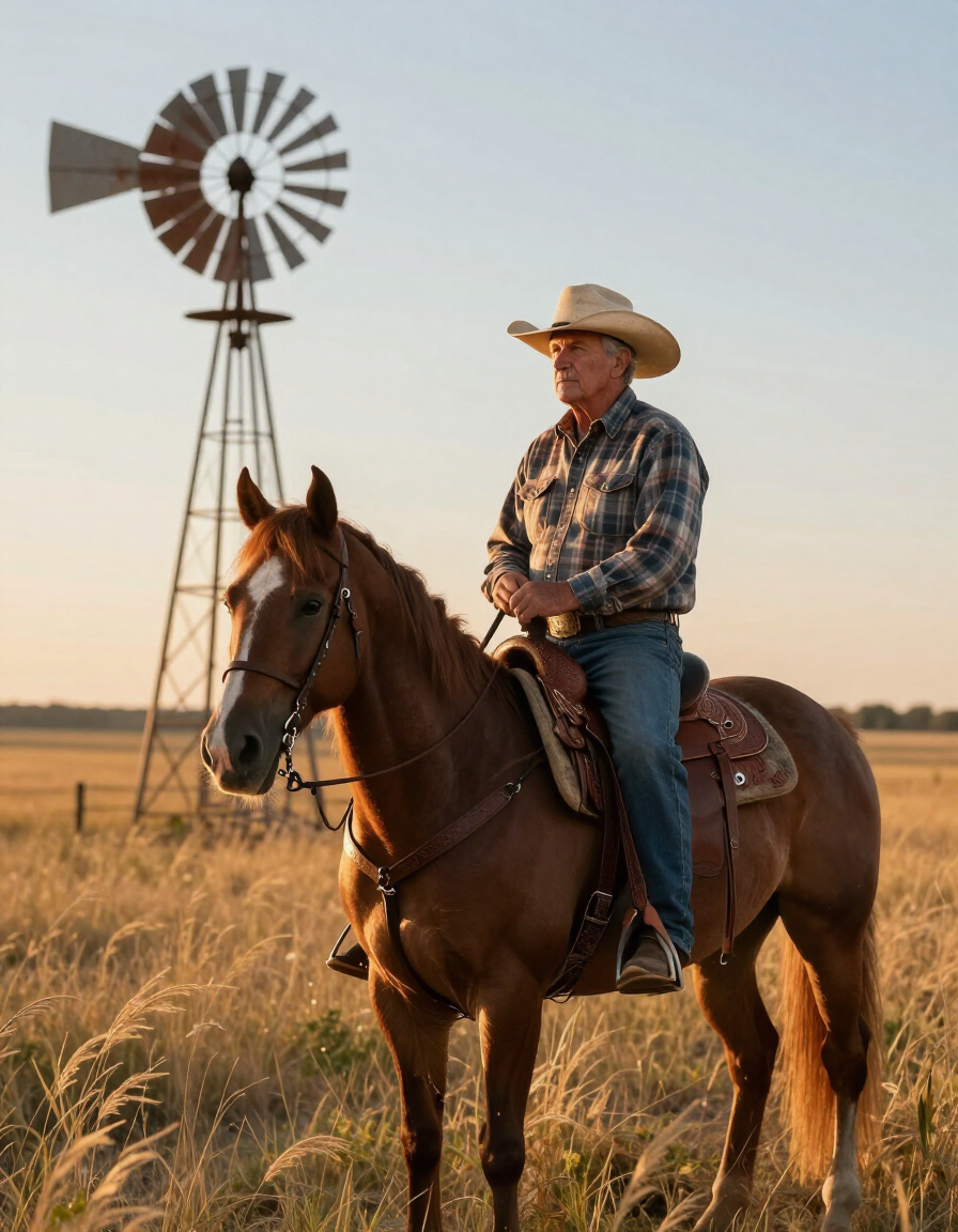 Cowboy in a hat rides a brown horse beside a windmill in a golden field at sunset