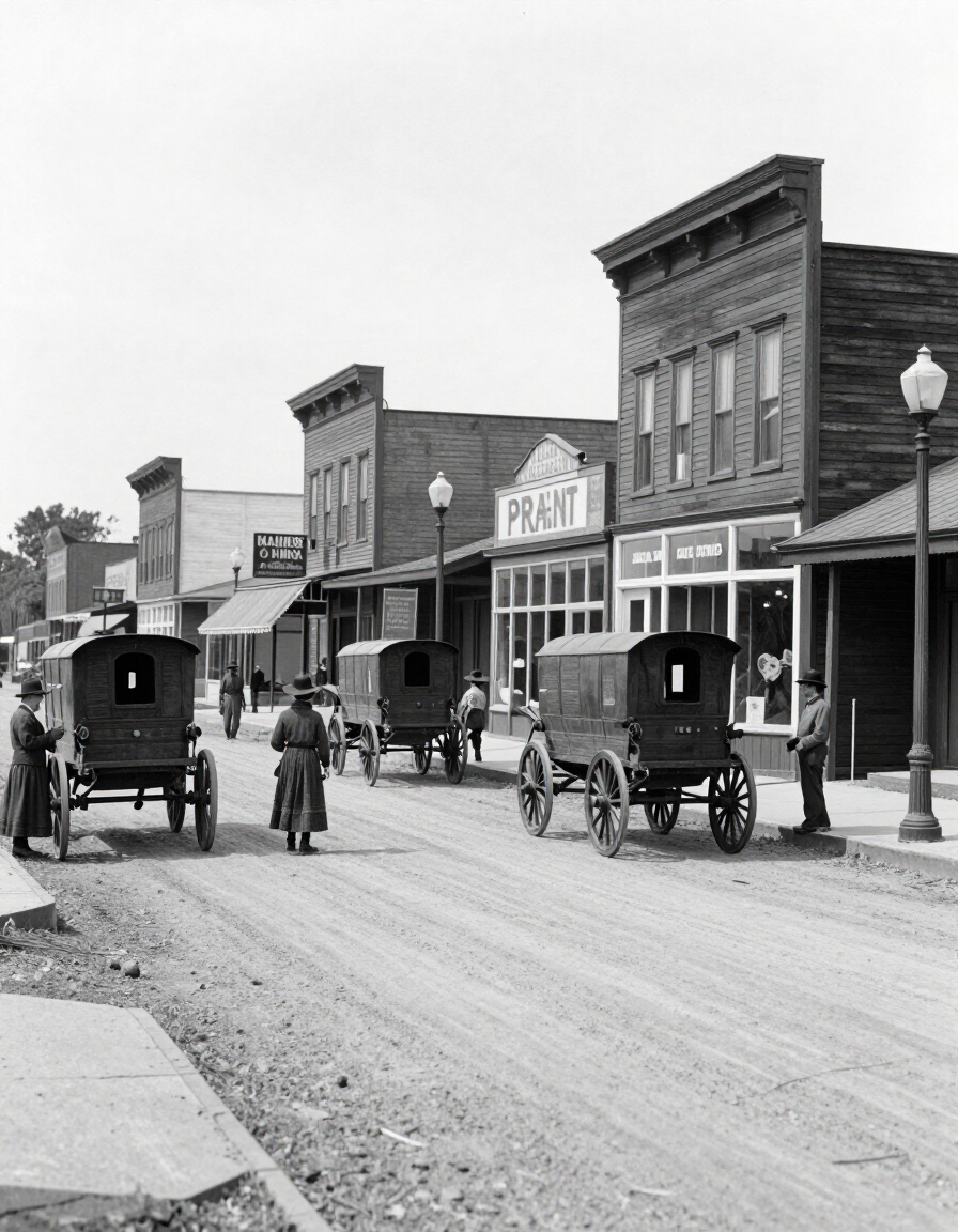Historic main street with horse-drawn carriages and pedestrians in front of storefronts.