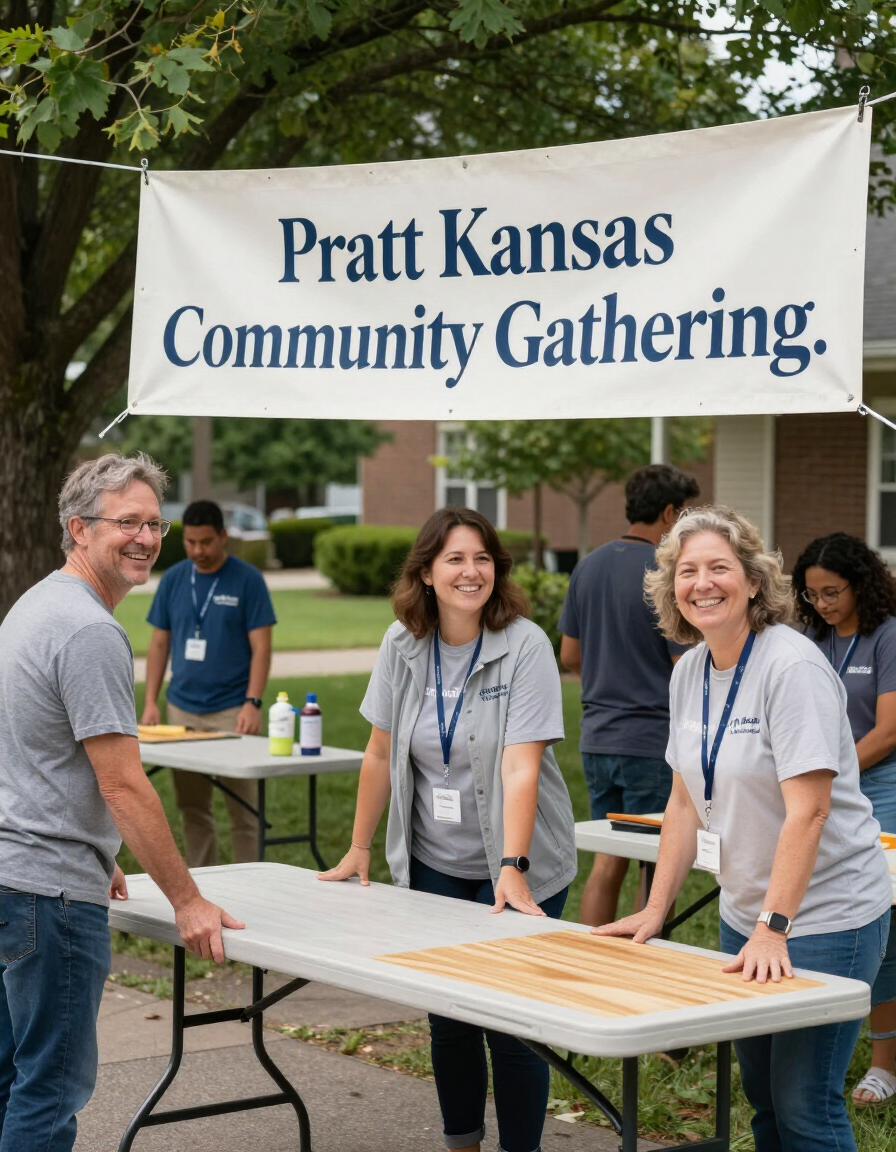 Volunteers at an outdoor Pratt Kansas Community Gathering booth under a white banner.