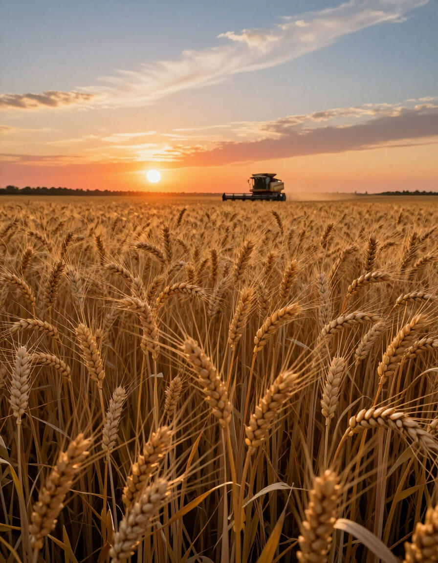 Golden wheat field at sunset with a combine harvester in the distance
