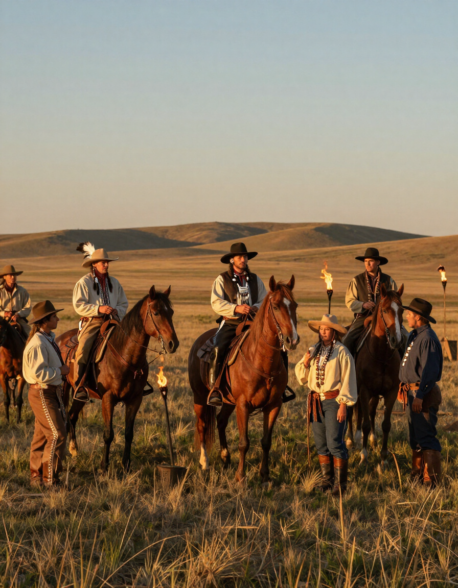 Cowboys on horseback in a grassy field at sunset with rolling hills in the background