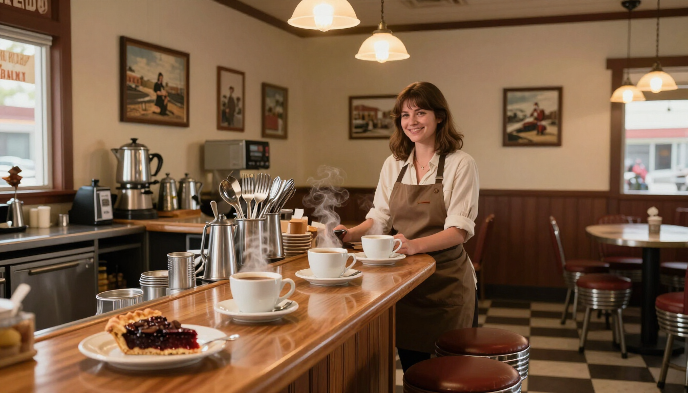 Woman smiling at a diner counter with coffee, dessert, and hanging lights in a cozy cafΓ©