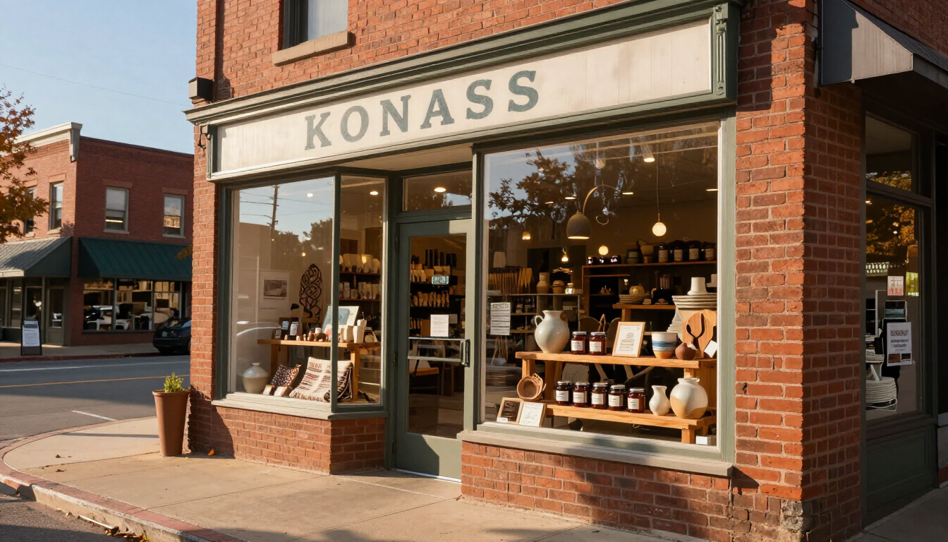Storefront of KONASS with large display windows, brick facade, and outdoor sidewalk seating in warm light