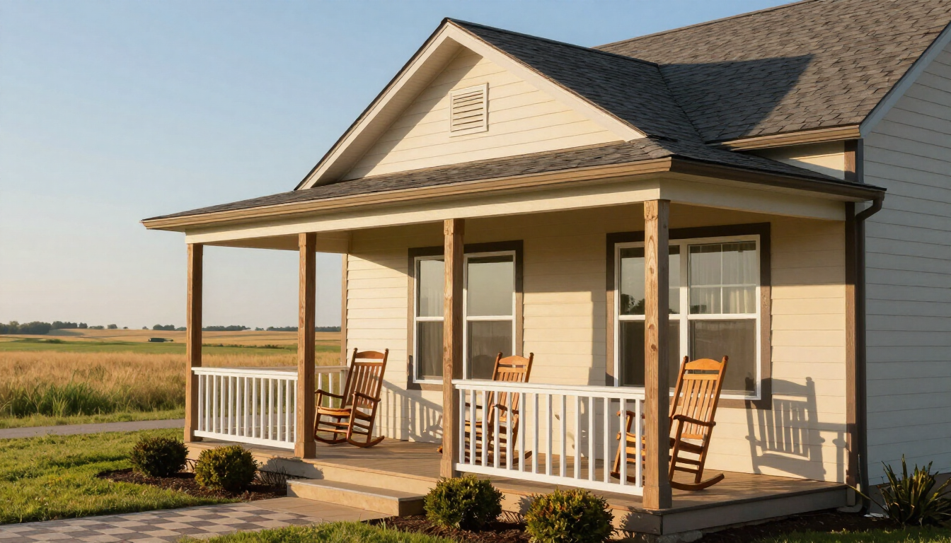Small beige house with a front porch, white railings, and wooden rocking chairs in a rural field.