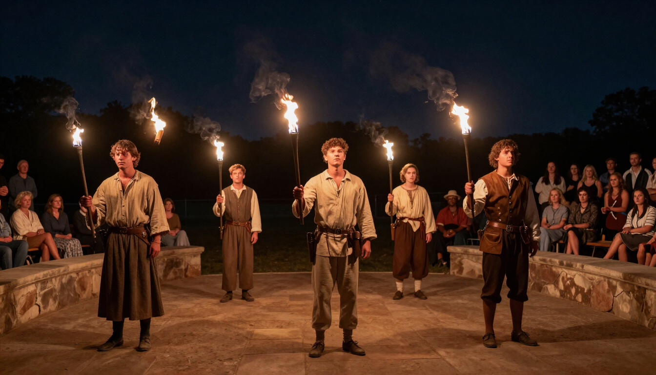 People holding torches stand in a stone circle at night, with an audience seated in the background.