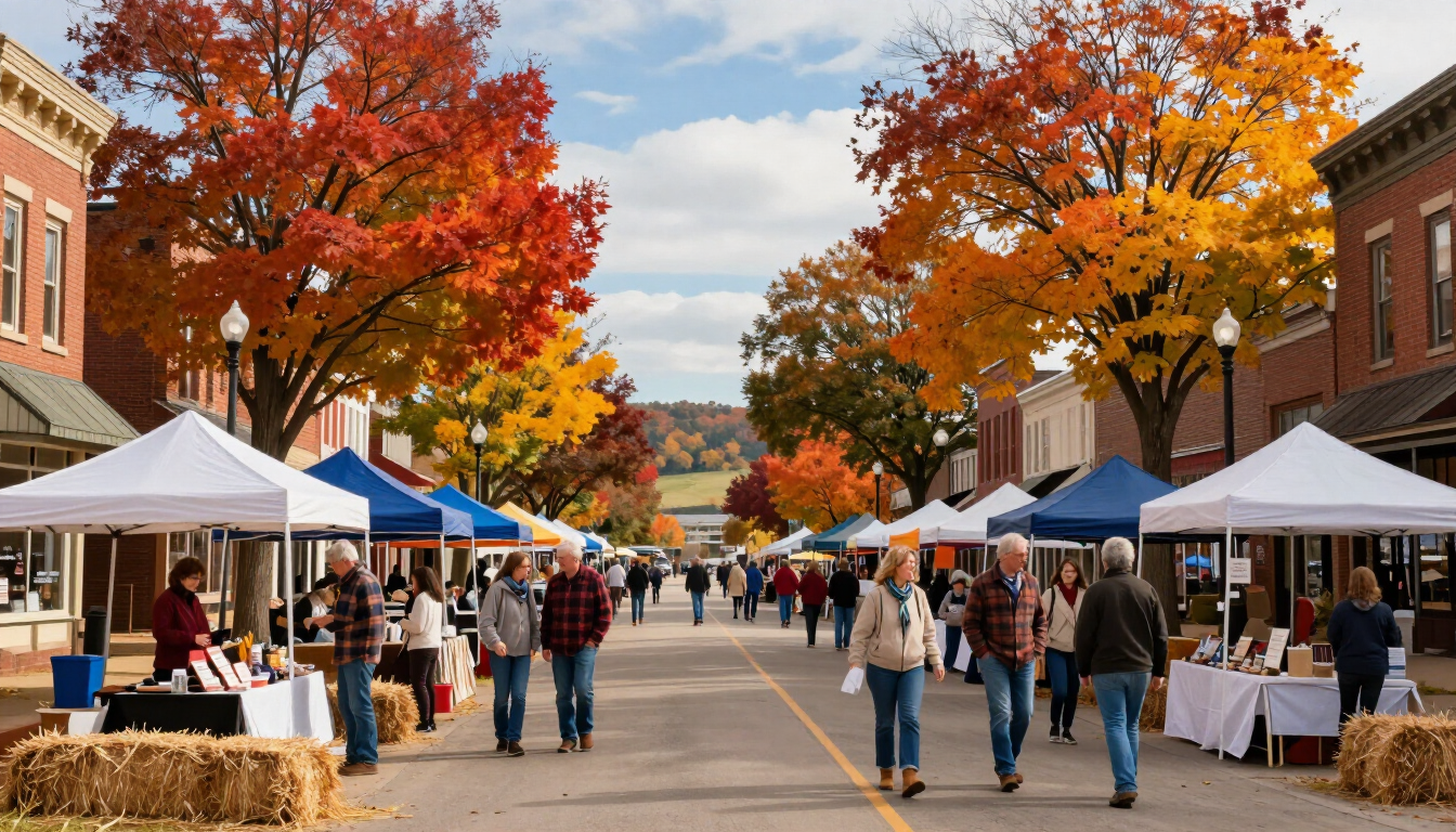 Autumn street market with white tents, people browsing, and red-orange trees lining the road