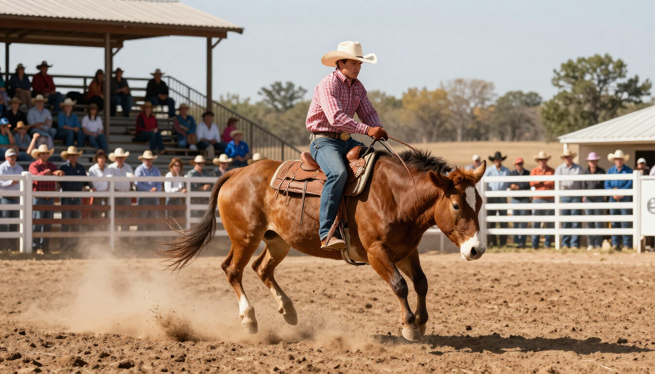 Cowboy in a white hat riding a brown horse in a dusty rodeo arena.