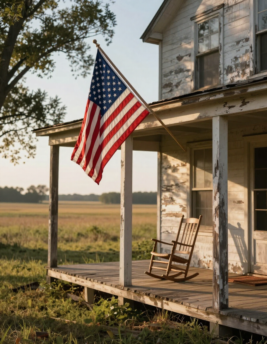 Old porch with a waving American flag beside a weathered farmhouse in a rural field