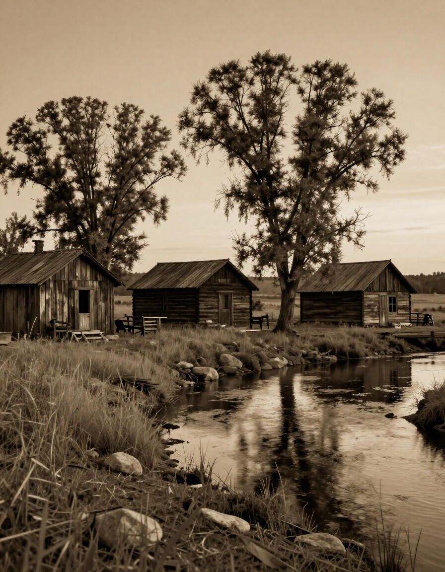 Sepia-toned rural cabins by a creek with tall trees and dry grass at dusk.