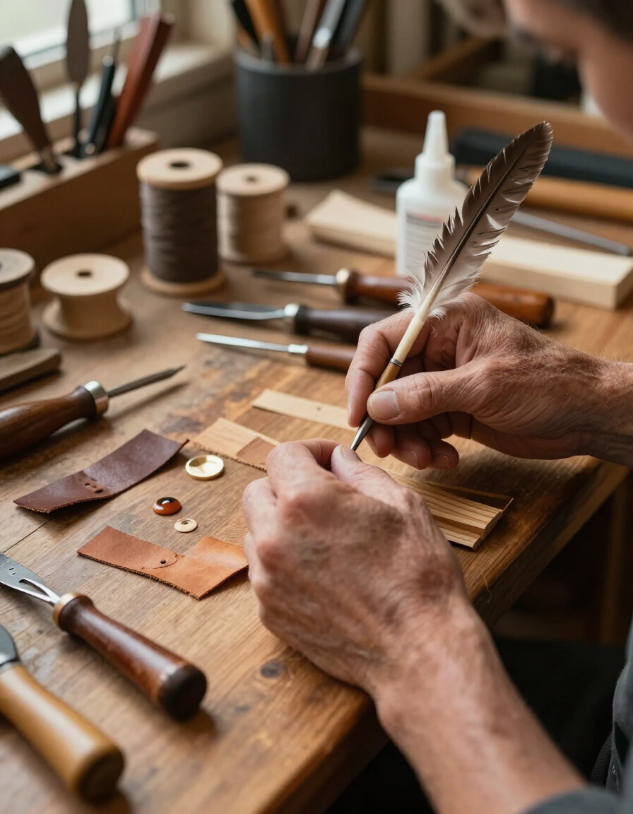 Hands crafting leather on a wooden workbench with tools and thread spools nearby