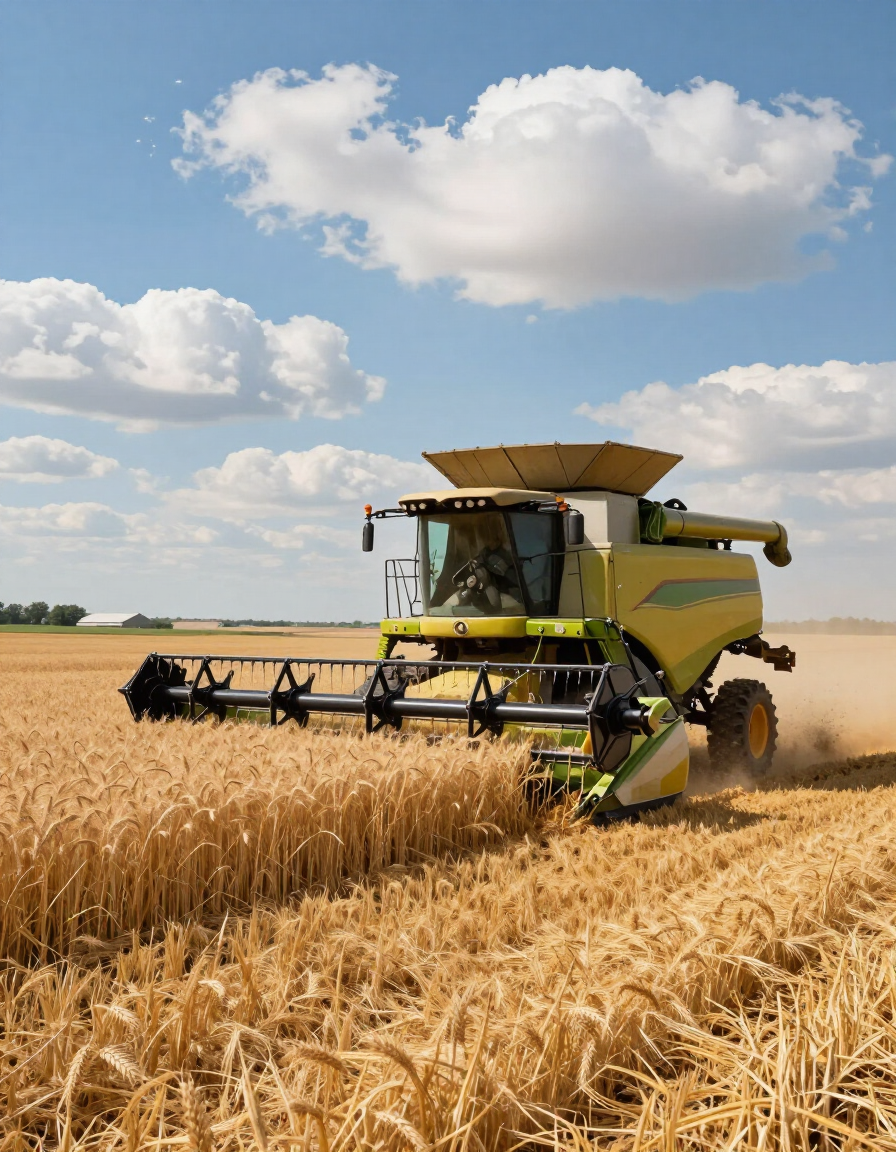 Yellow combine harvester cutting wheat in a field under a blue sky with clouds
