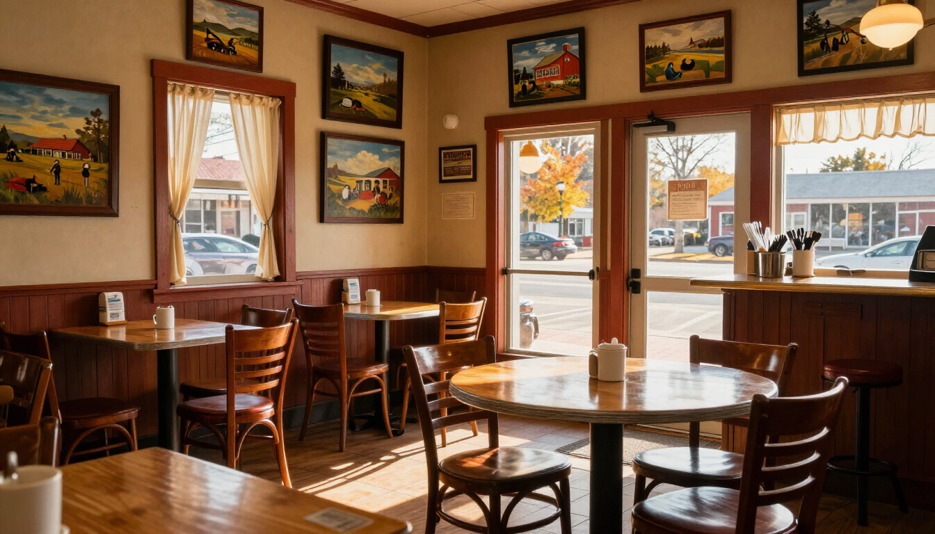 Cozy café interior with wooden tables, framed wall art, and sunlight through windows and glass door