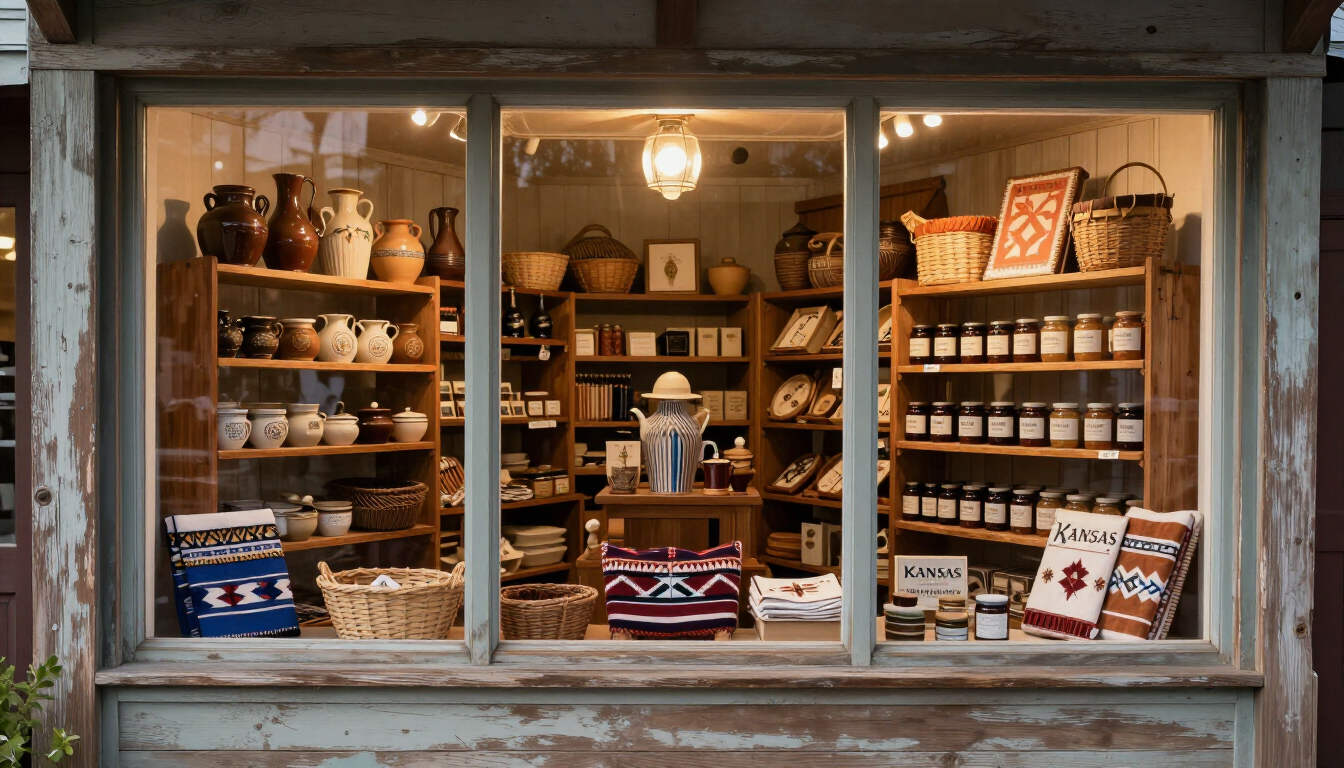 Rustic shop window display with wooden shelves, jars, pottery, and folded textiles in warm light