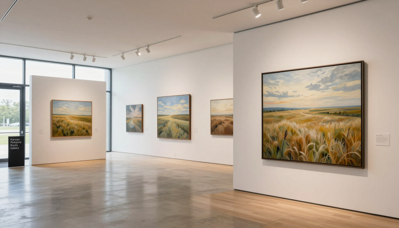 Bright art gallery with framed landscape paintings displayed on white walls