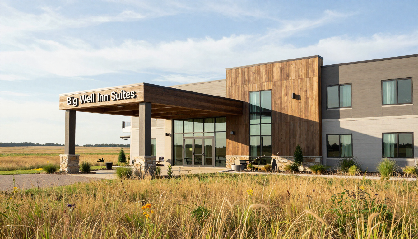 Modern lodge-style building with wood and glass entrance, sign, and tall grasses in front