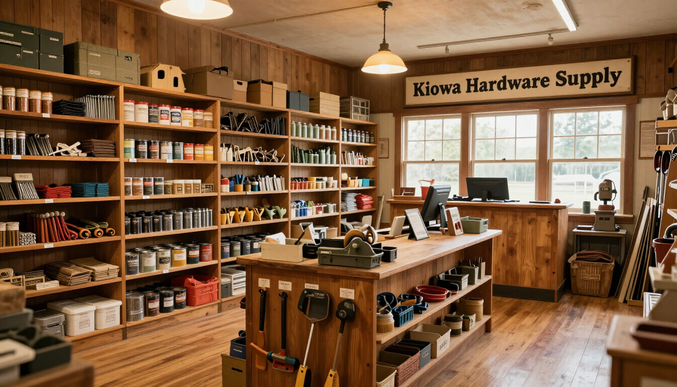 Interior of a hardware store with wooden shelves, tools, and a counter under a “Know Hardware Supply” sign