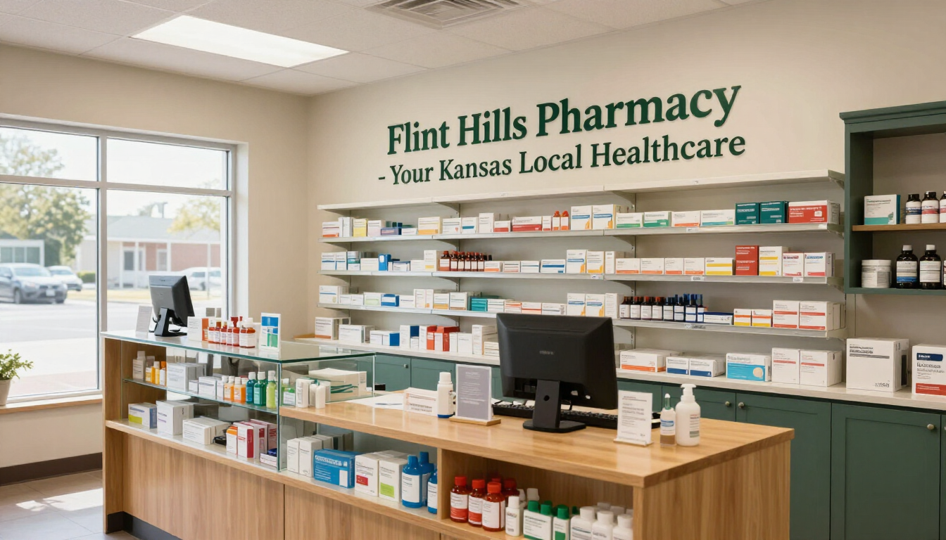 Flint Hills Pharmacy interior with shelves of medicine and a wooden counter under bright windows
