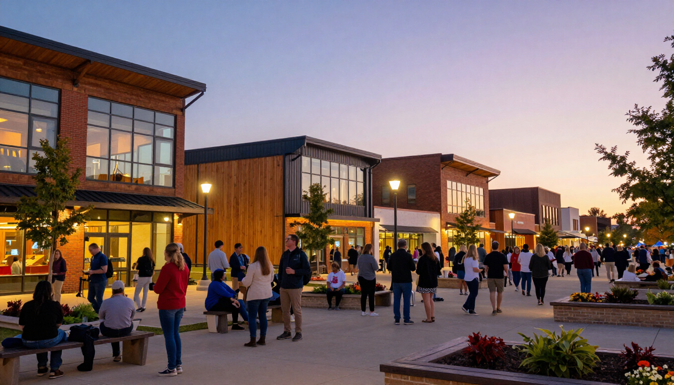 People walking past lit modern storefronts at dusk in an outdoor shopping center.