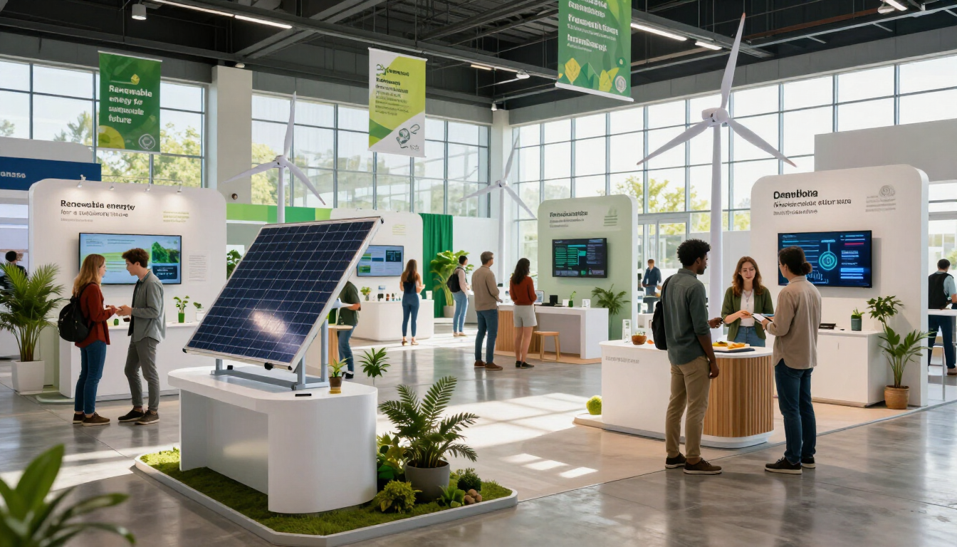 Bright expo hall with solar panel displays, interactive kiosks, and visitors browsing technology exhibits.