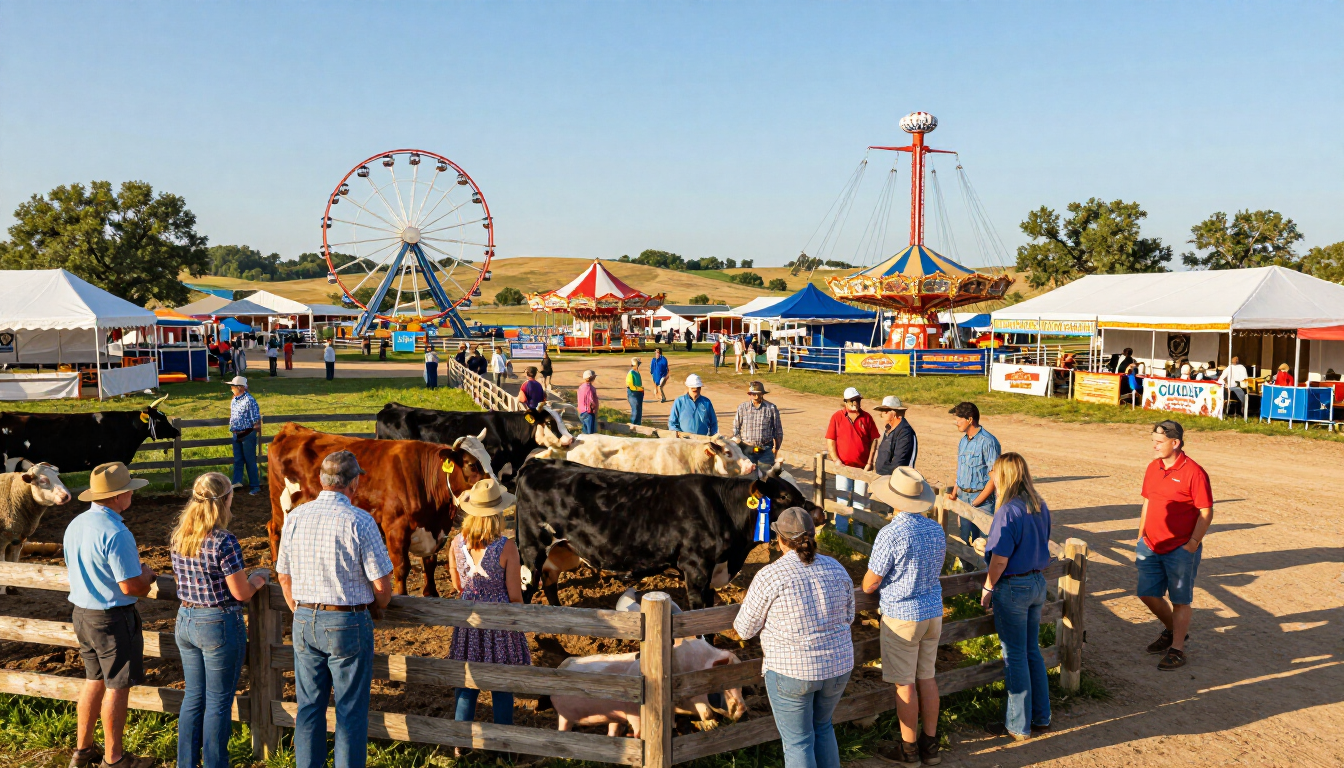 Fairground crowd by a pond with a Ferris wheel and tents under a sunny sky
