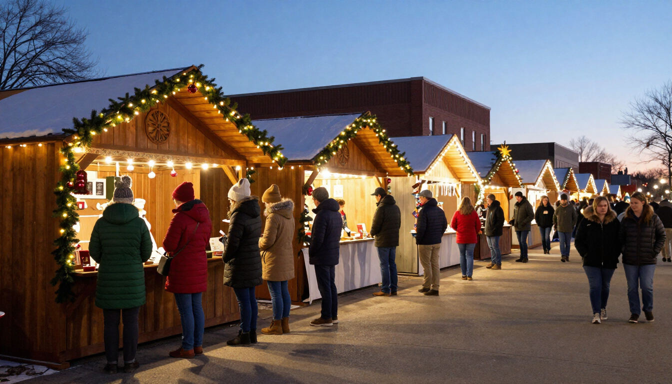 People browsing lit wooden market stalls at dusk, with warm lights and holiday decorations.