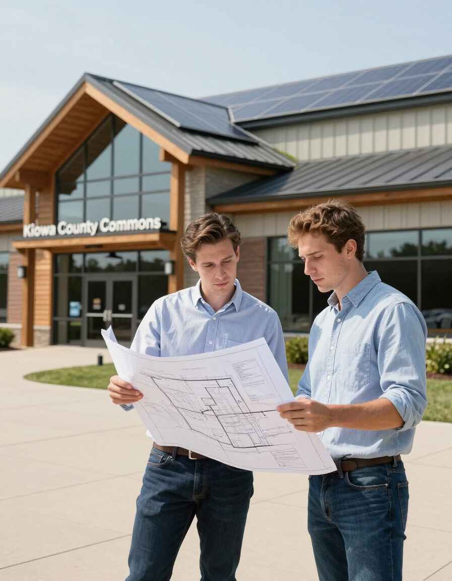 Two men in blue shirts review a large blueprint outside a modern building with solar panels.