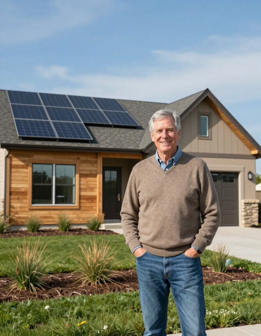 Man standing in front of a house with solar panels and a landscaped yard.