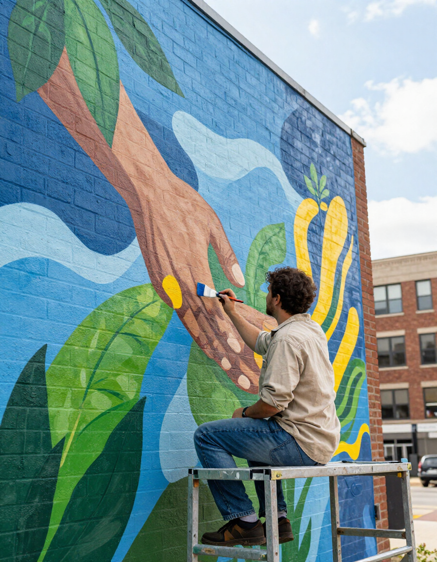 Artist painting a colorful mural of a tree and leaves on a brick wall from a scaffold