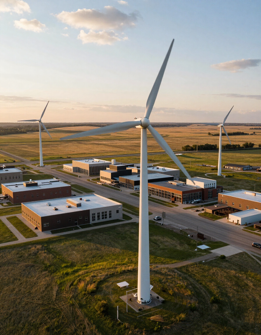 Wind turbines beside a small industrial complex at sunset, seen from above.