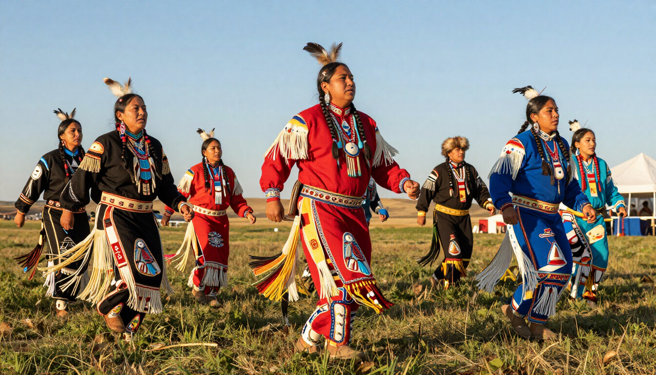 Group of people in colorful traditional dance regalia moving across a grassy field outdoors