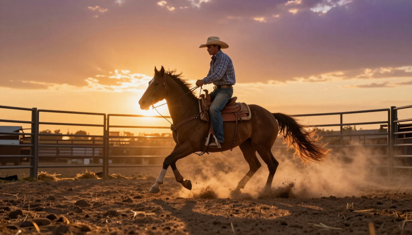 Cowboy riding a horse through a dusty arena at sunset, with warm orange light and a fenced backdrop.
