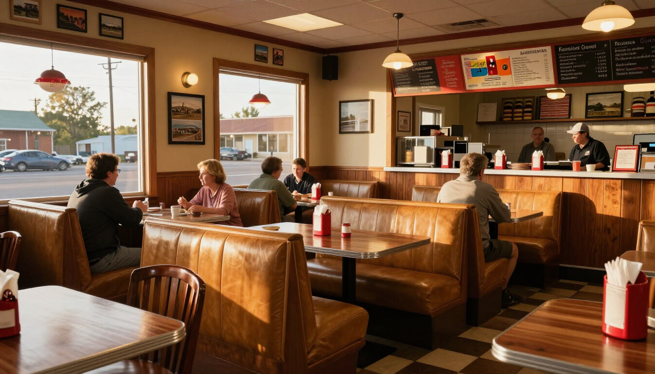 Cozy diner interior with booths, counter seating, and a few patrons eating and talking
