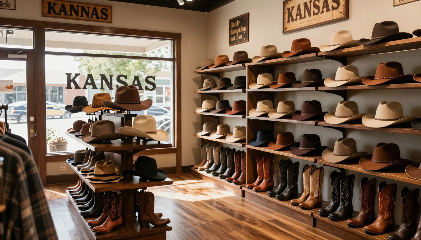 Rustic Kansas souvenir shop with shelves and racks of cowboy hats and boots in warm sunlight