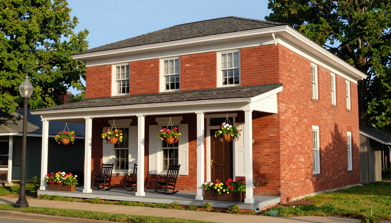 Two-story red brick house with white trim, front porch, and hanging flower baskets in a sunny neighborhood