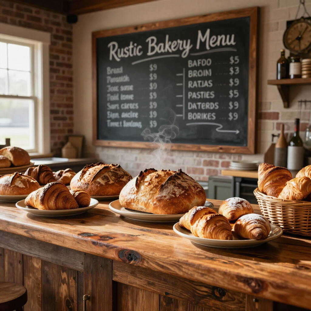 Rustic bakery counter with fresh croissants and bread, chalkboard menu in a warm kitchen.