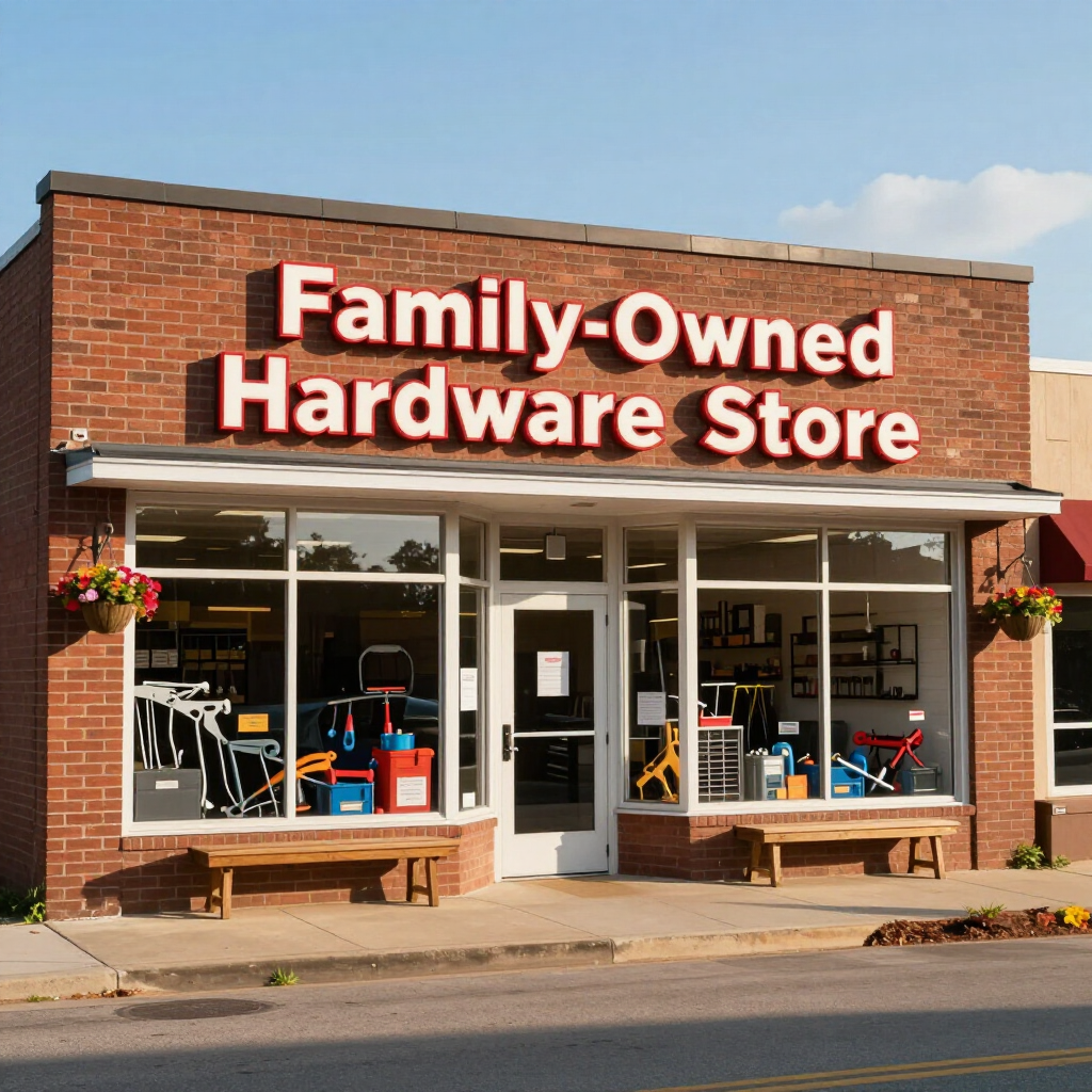 Family-owned hardware store storefront with brick facade and red sign