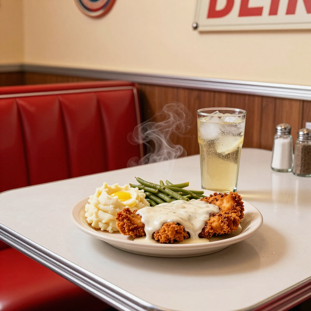 Fried chicken, mashed potatoes, and green beans on a diner table with a steaming drink.