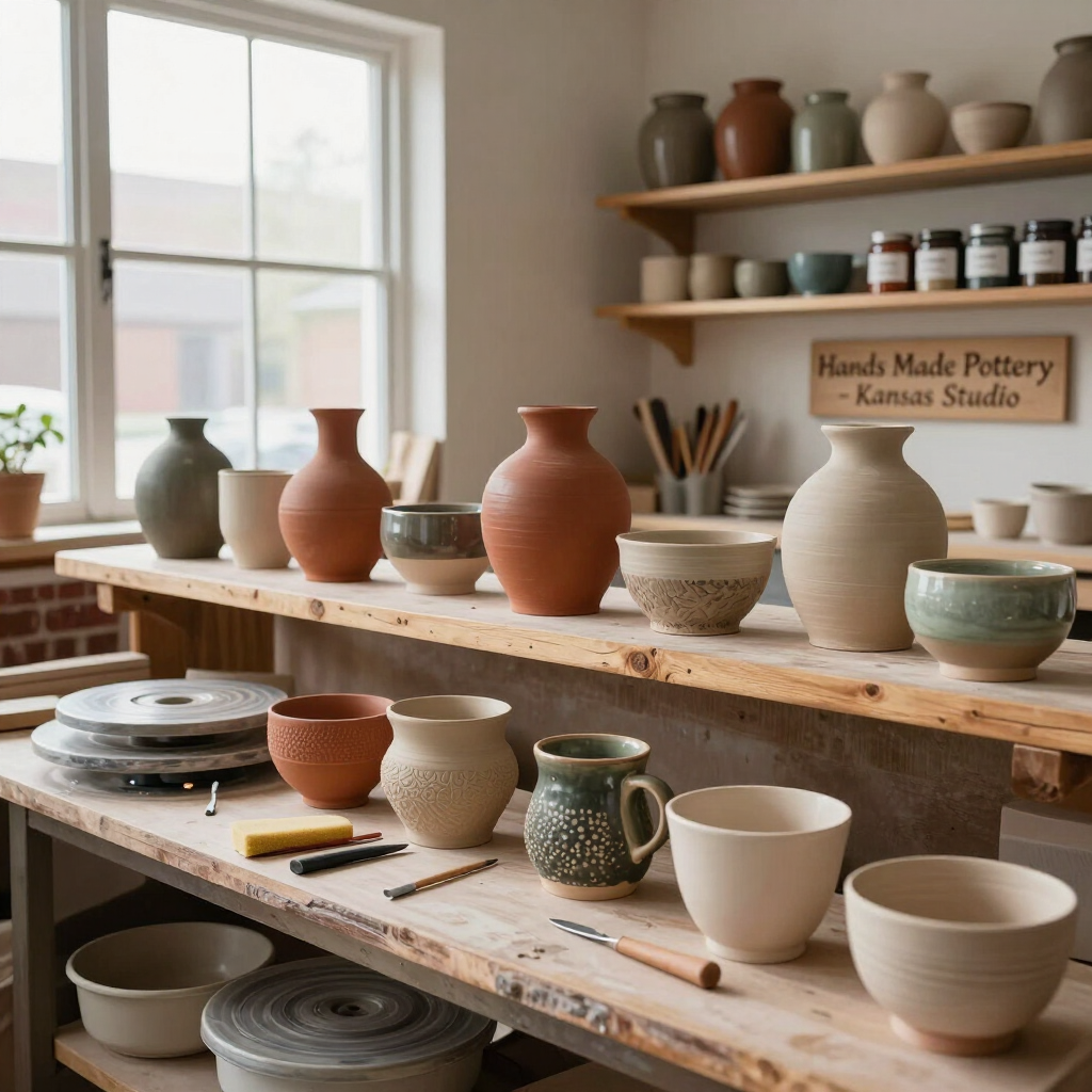 Handmade pottery studio with shelves and tables of assorted clay vases, bowls, and cups by a window