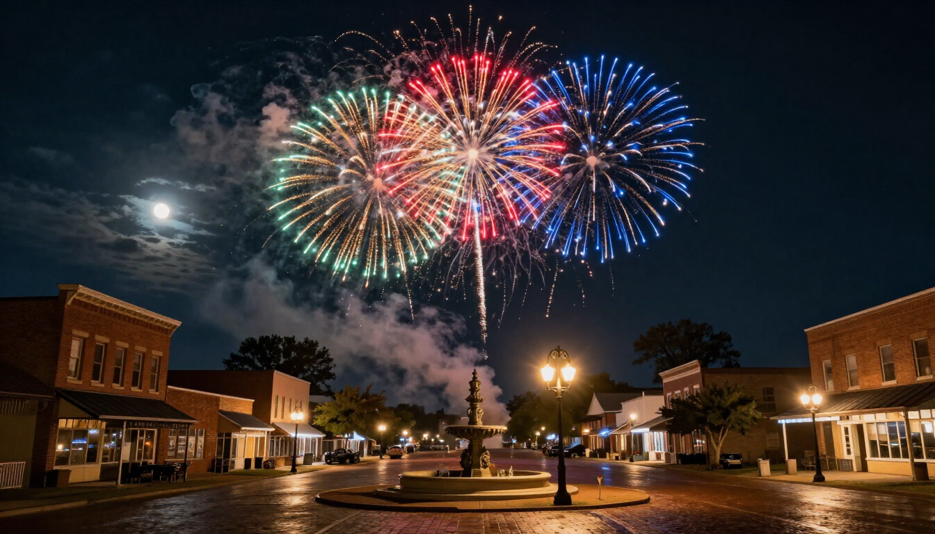 Fireworks bursting over a town square at night, with lit buildings and a streetlamp in the foreground