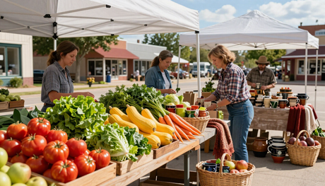 Farmers market stall with tomatoes, corn, greens, and shoppers under white tents